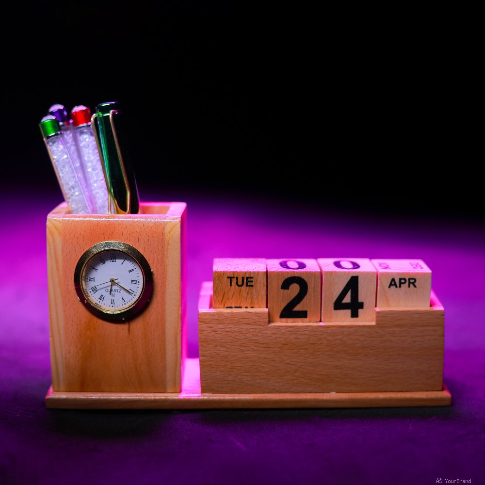 Wooden Desk Organizer with Clock & Perpetual Calendar – Pen Stand Combo